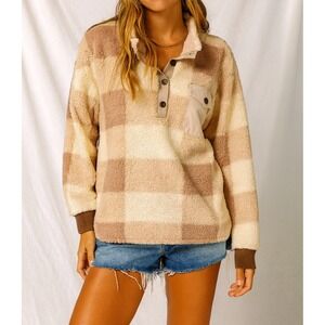 Chicyea sz M Womens Pink Cotton Checkered Mock Neck Pullover Sweater Oversized